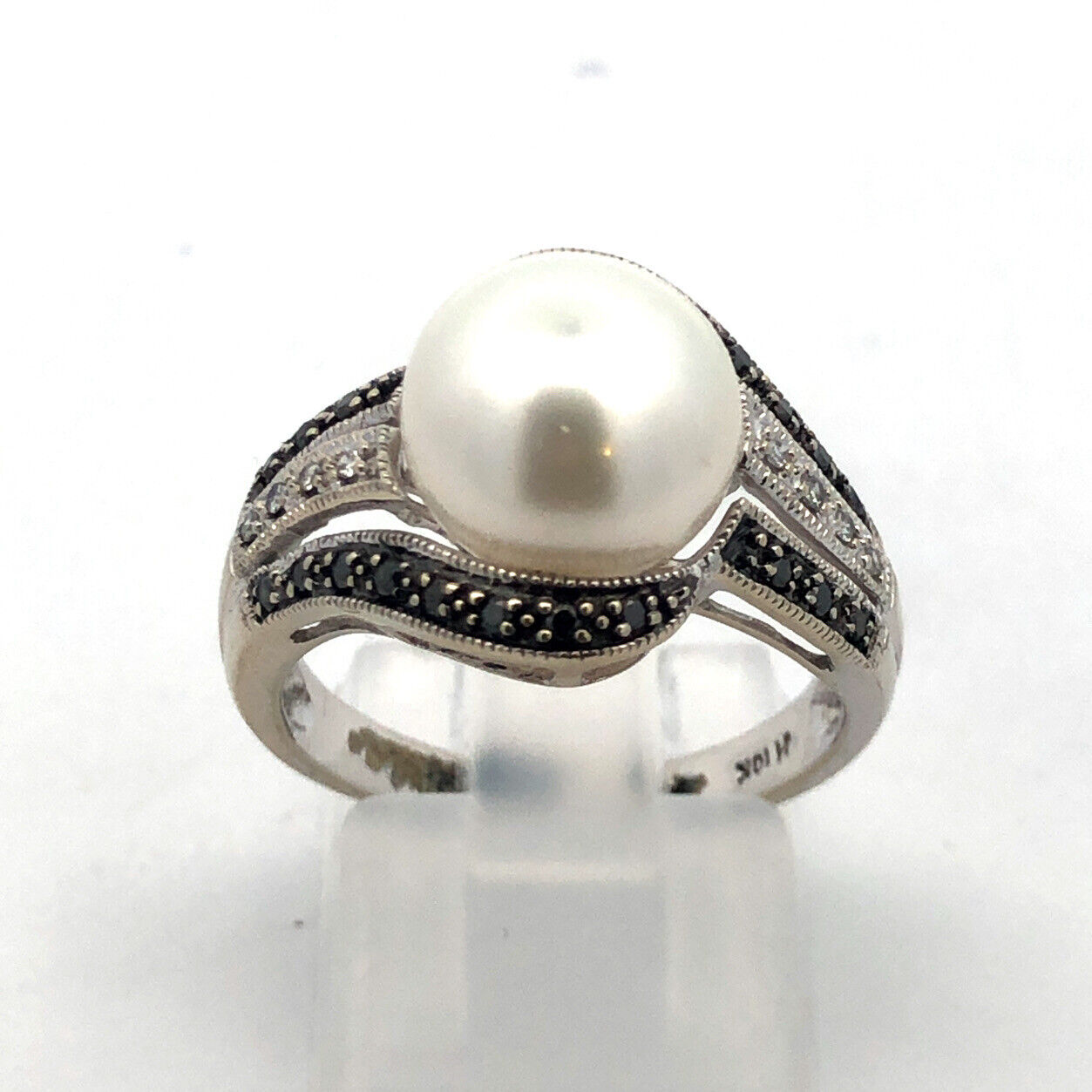 Designer JH 10K White Gold Round Pearl Black White Diamonds Statement Ring