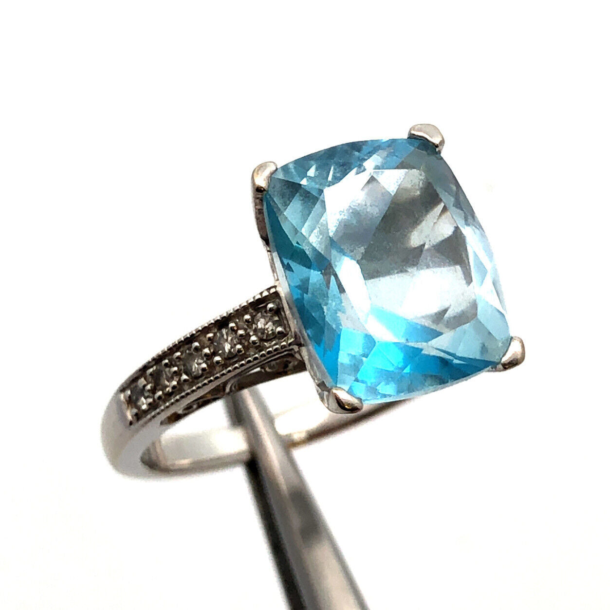 Designer 14K White Gold Radiant Cushion Cut Blue Topaz Diamond Accented Ring