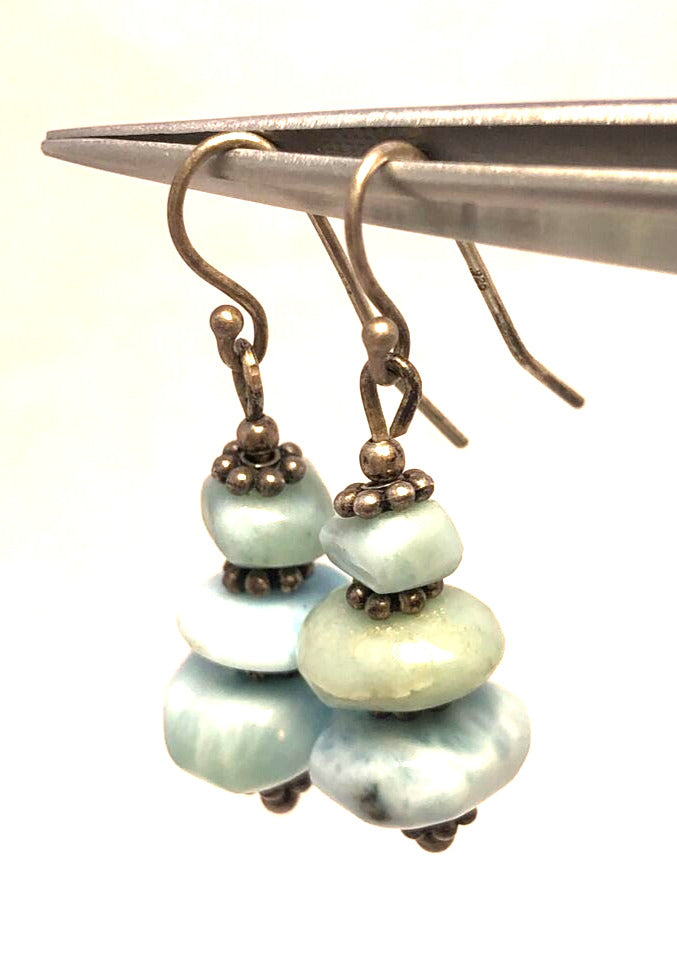 Estate 925 Sterling Silver Blue Larimar Beaded Hook Dangle Earrings