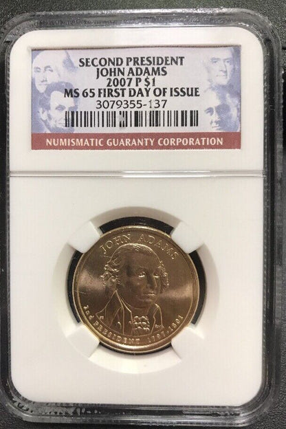 2007 P John Adams Presidential Dollar $1 NGC MS65 First Day of Issue