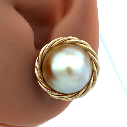 Estate 14K Yellow Gold Round Mabe Pearl Bird's Nest Statement Stud Earrings