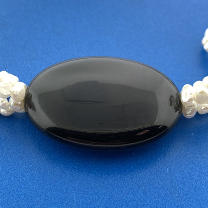 Vintage Silver Tone Handknotted White Pearl Black Onyx Statement Choker Necklace