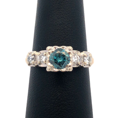 Vintage AM-G 14K Yellow White Gold  Blue Diamond White Accented Engagement Ring