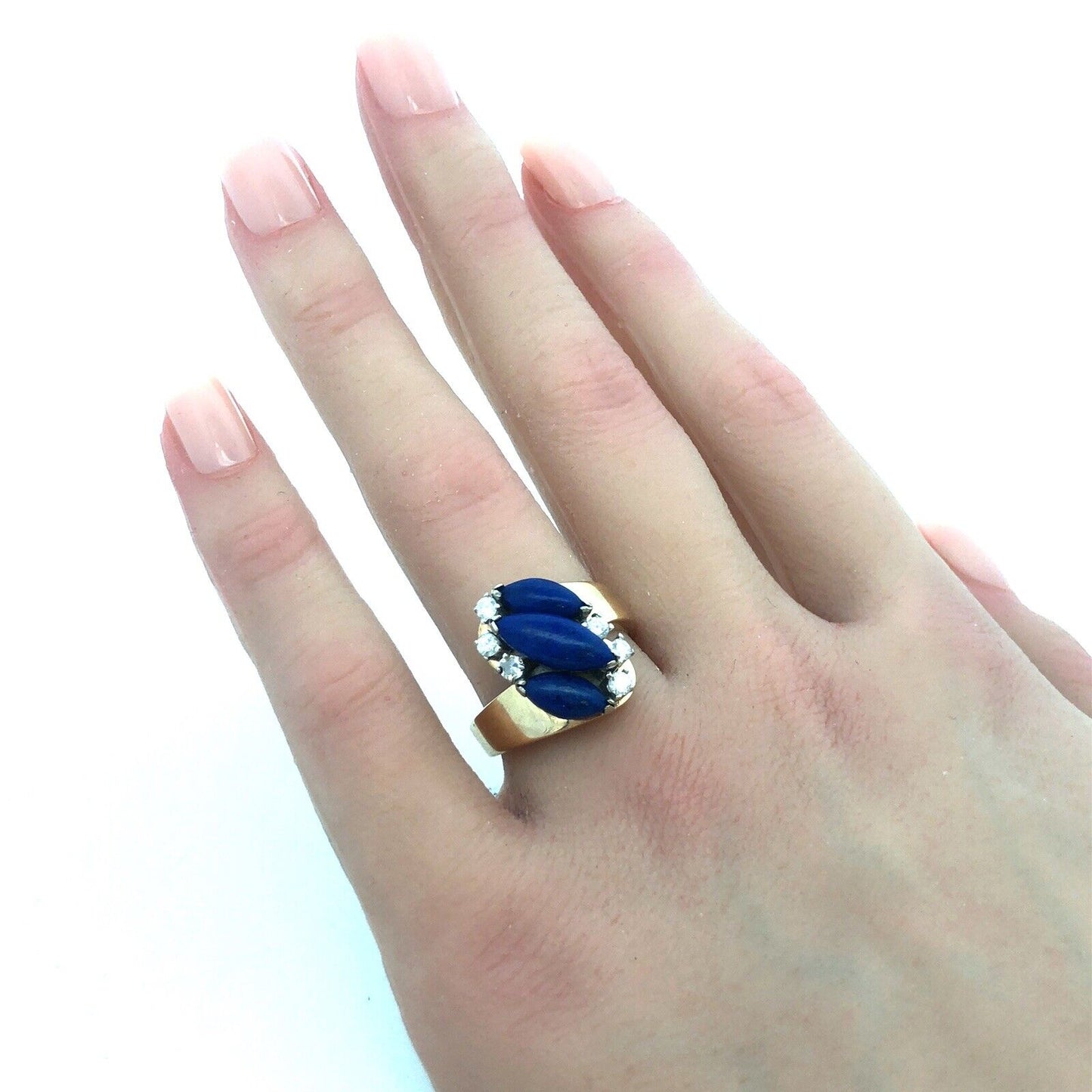 Gorgeous 14k Yellow Gold Cabochon Lapis Lazuli Diamond Bypass Ring Size 7.25