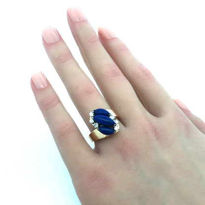 Gorgeous 14k Yellow Gold Cabochon Lapis Lazuli Diamond Bypass Ring Size 7.25