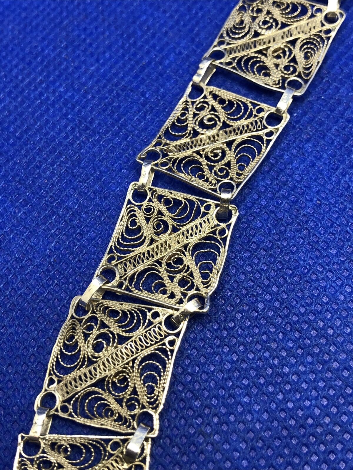 Vintage 925 Sterling Silver Beaded Filigree Delicate Square Panel Bracelet