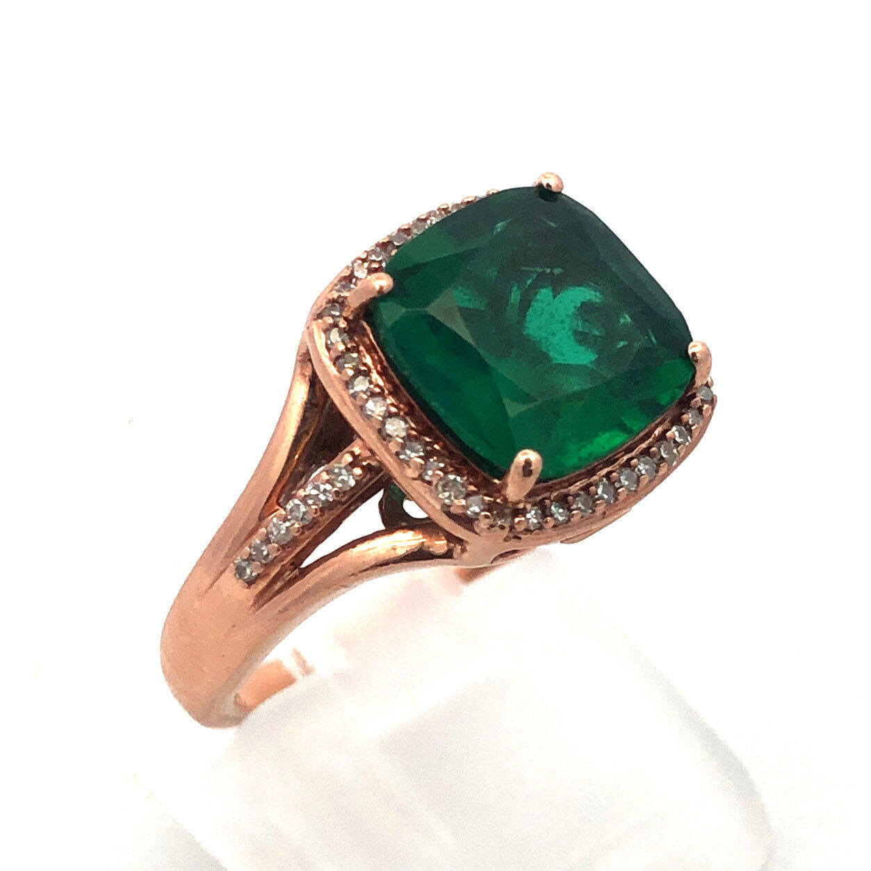 14K Rose Gold Princess Cut Emerald Pave Diamond Halo Cocktail Ring