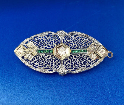 Art Deco 14K White Gold Diamond Emerald Floral Filigree Bar Pin Brooch Pendant