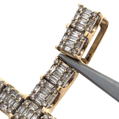 10K Yellow Gold Baguette Round Diamond Pave Statement Cross Pendant