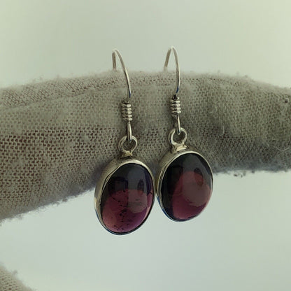 Stunning Sterling Silver 925 Oval Cabochon Purple Amethyst Dangle Hook Earrings