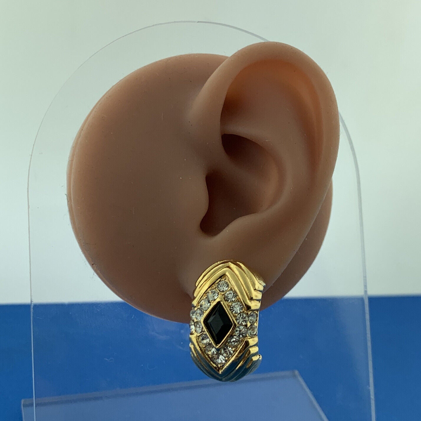 Mid Century Vendome Gold Tone Black Jet White Crystal Half Hoop Clip On Earrings