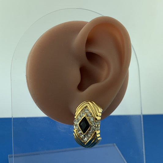 Mid Century Vendome Gold Tone Black Jet White Crystal Half Hoop Clip On Earrings