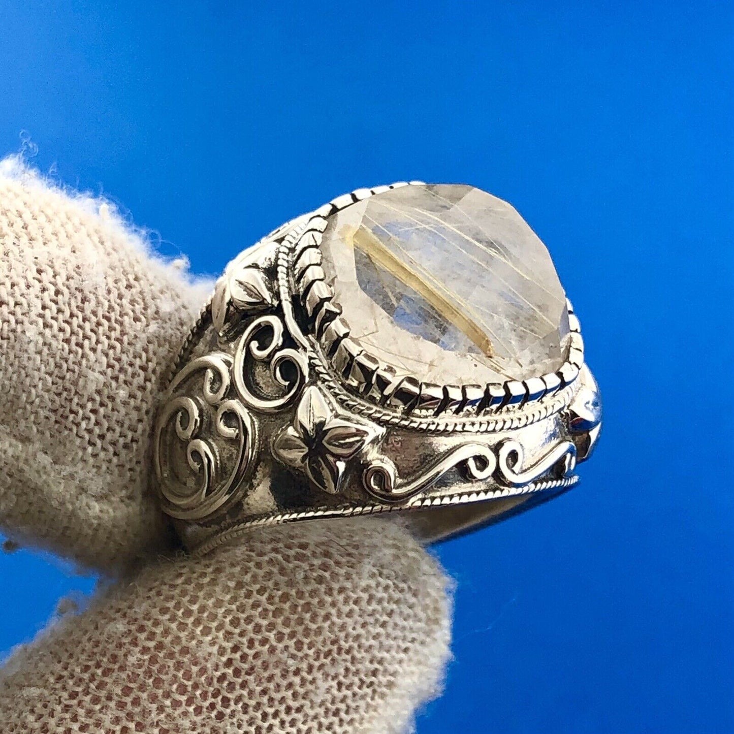 Lovely Sterling Silver 925 Floral Printed Reticulated Quartz Dome Ring Size 7