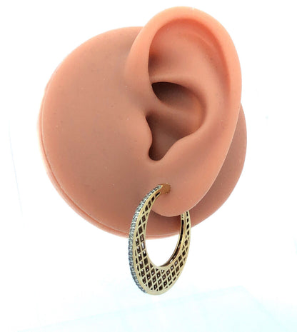 Vermeil 925 Sterling Silver Basket Weave Hoop Cubic Zirconia Border Earrings