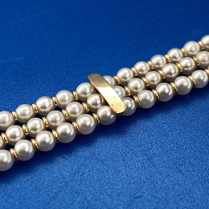 Vintage 14K Yellow Gold Cultured Pearl 3 Strand Bridal June Anniversary Bracelet