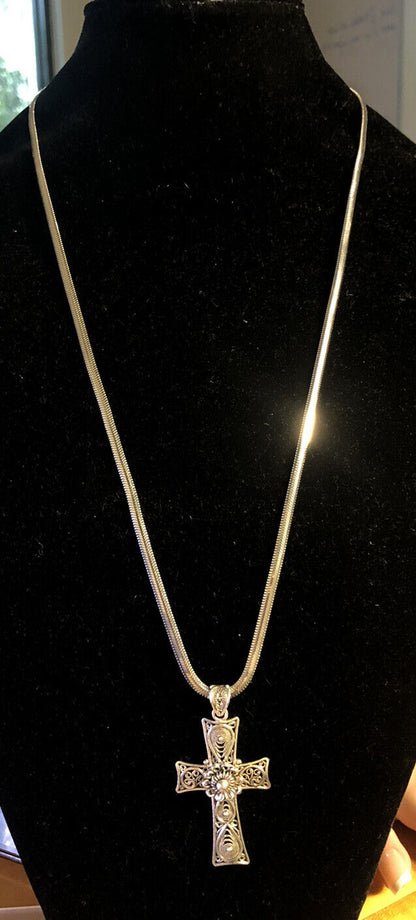 925 Sterling Silver Filigree Floral Cross Rope Chain Lariat Necklace