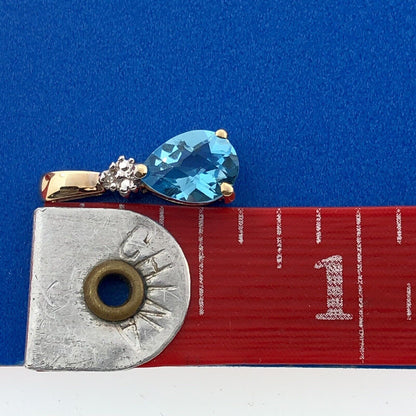 Estate 10k Yellow Gold Diamond Faceted Tear Drop Swiss Blue Topaz Pendant