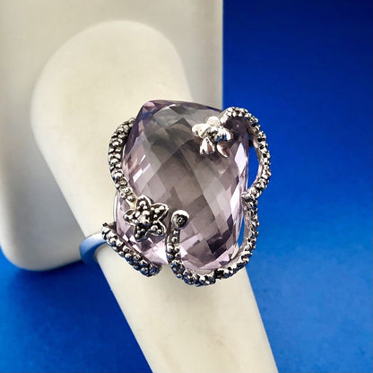 Designer SMJ Sterling Silver 925 Amethyst February Floral Bypass Ring Size 8.25
