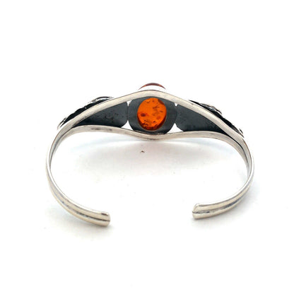 Vintage 925 Sterling Silver Oval Amber Leaves Nature Cuff Bracelet