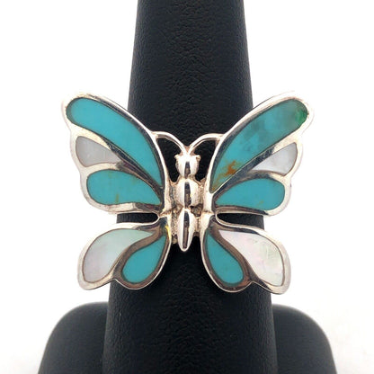 Designer K 925 Sterling Silver Turquoise Mother of Pearl Inlay Butterfly Ring