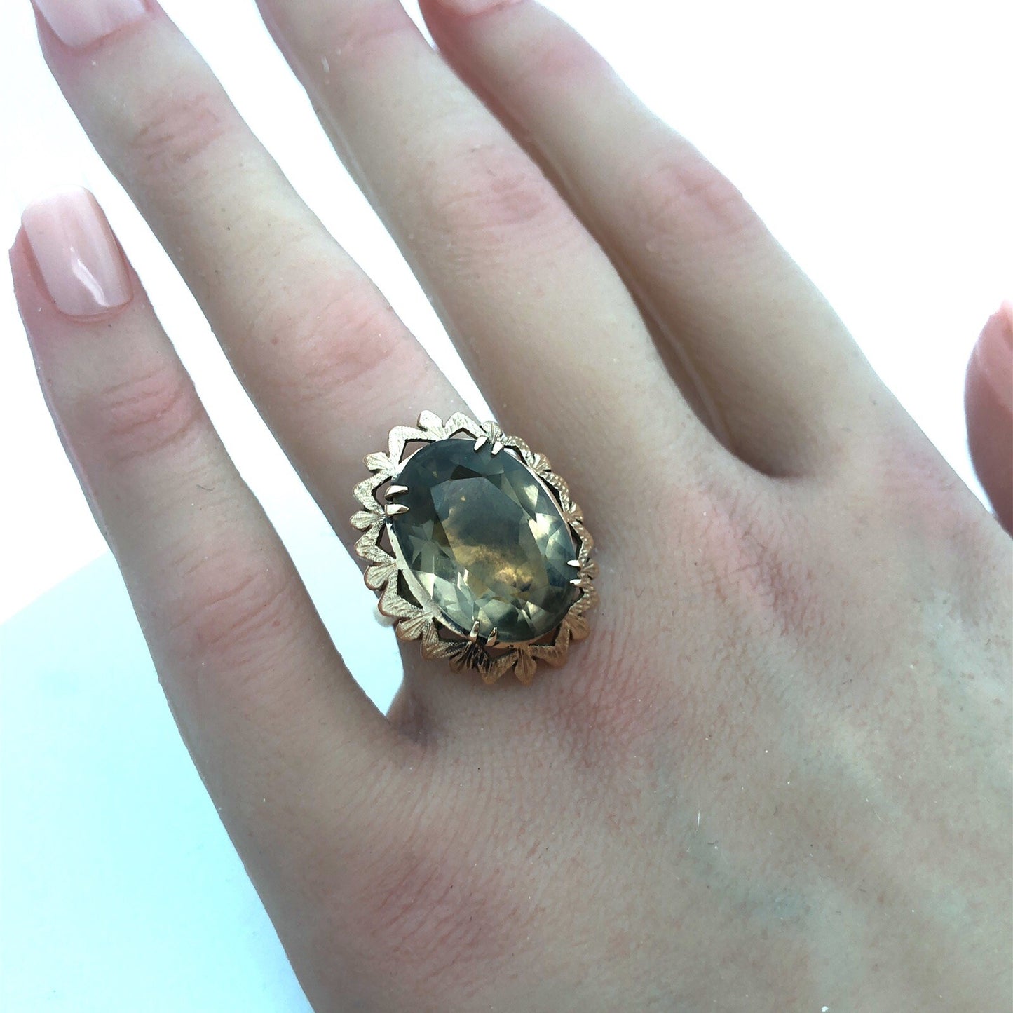 Vintage Retro 14k Yellow Gold Smoky Topaz Statement Cocktail Ring