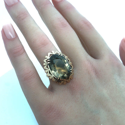 Vintage Retro 14k Yellow Gold Smoky Topaz Statement Cocktail Ring