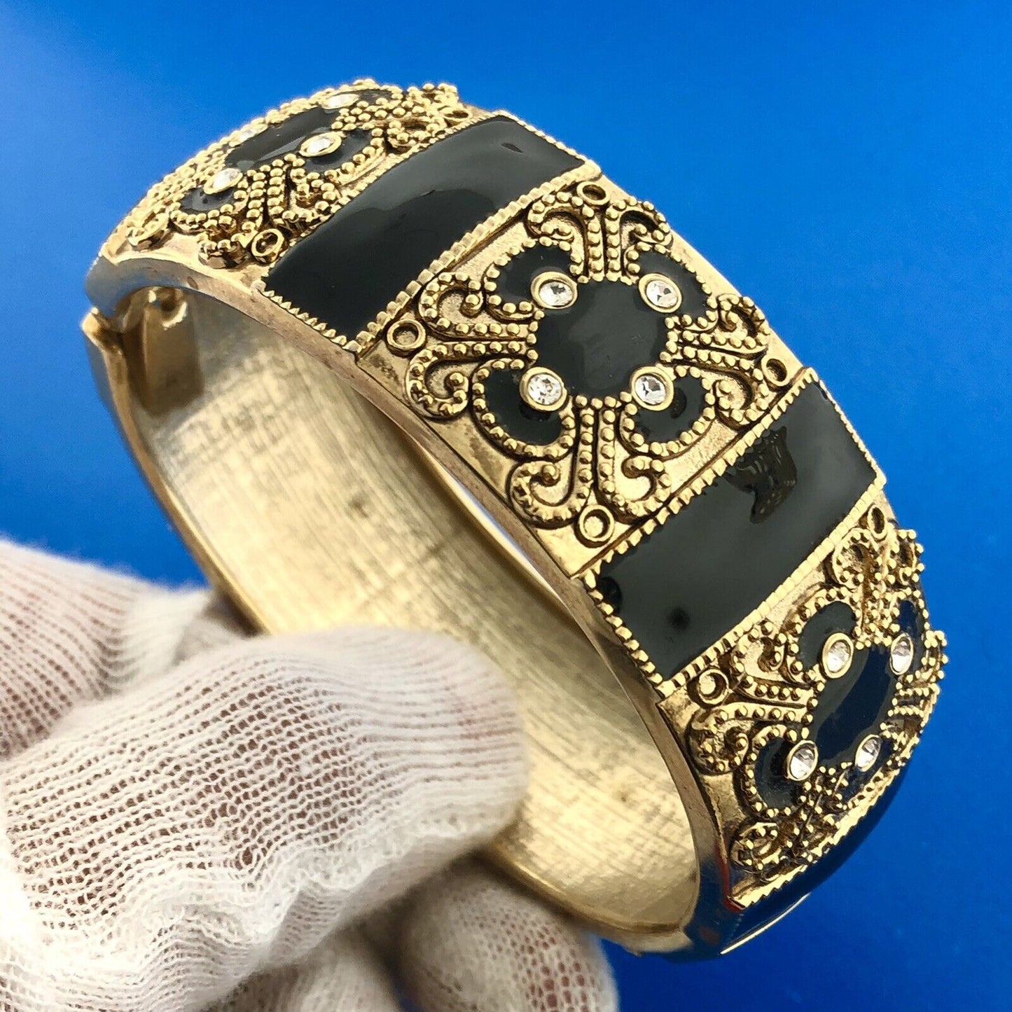 Gorgeous Gold Toned Black Enamel Sparkling Rhinestone 6.5" Hinged Cuff Bracelet
