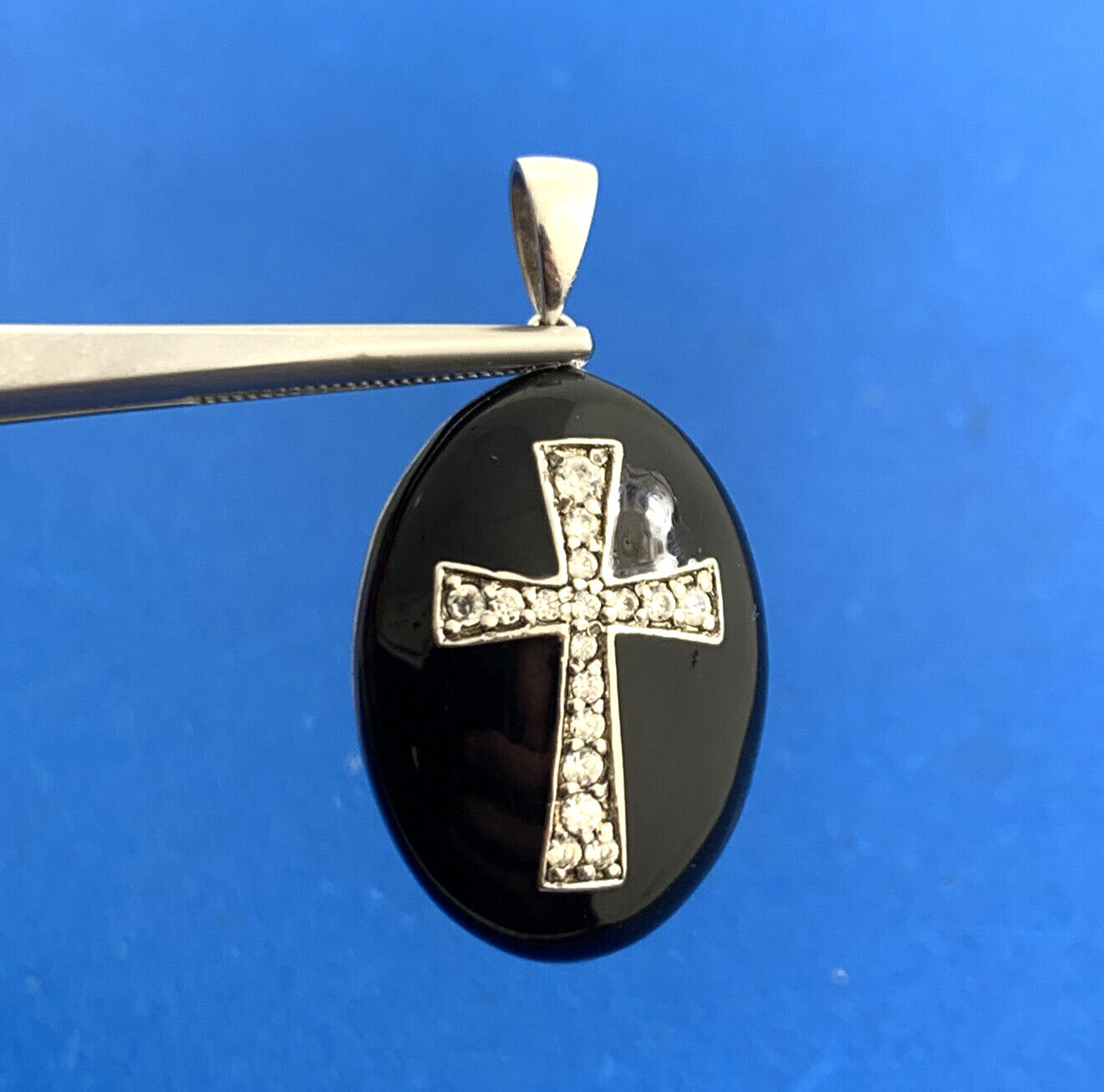 Designer 925 Sterling Silver Black Enamel Cubic Zirconia CZ Cross Pendant