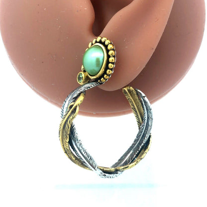 Designer Dream 925 Sterling Silver Bronze Peridot Feather Hoop Earrings