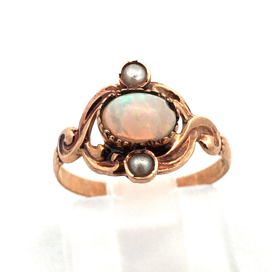 Vintage Estate 10k Yellow Gold White Opal Pearl Whimsical Wavy Ring Size 4.5