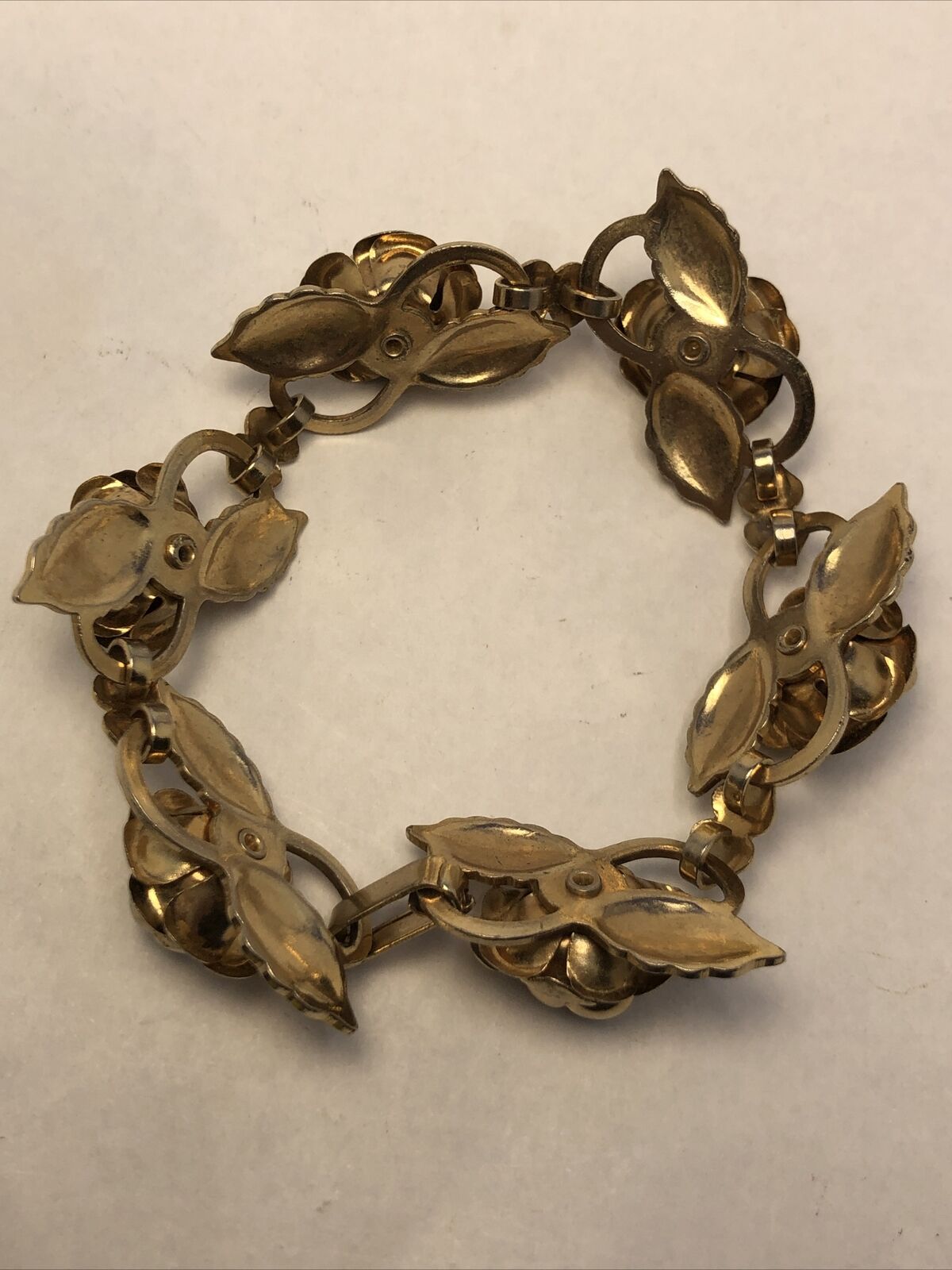 Vintage Gold-Tone Rhinestone Rose Flower Station Statement Bracelet