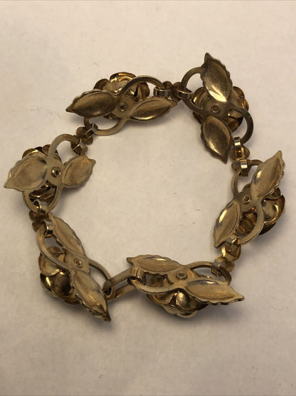 Vintage Gold-Tone Rhinestone Rose Flower Station Statement Bracelet