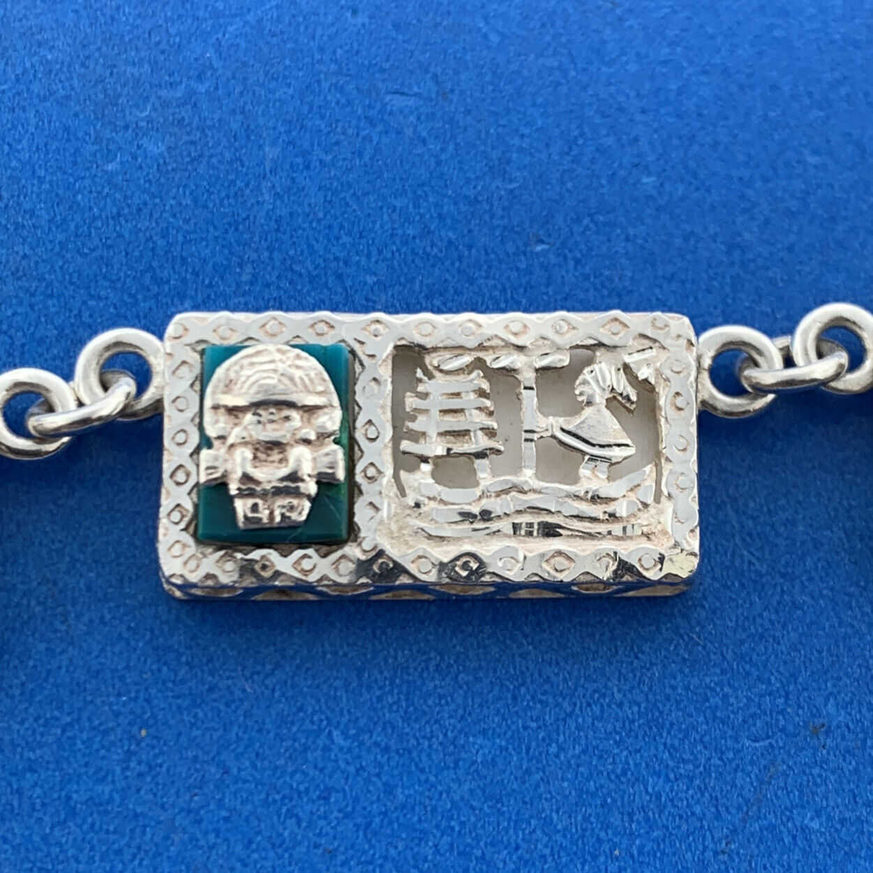 Vintage 925 Sterling Silver Malachite Aztec Incan Village Scene Panel Necklace