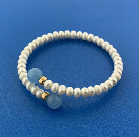 Elegant 14K Yellow Gold Pearl Chalcedony Gold Bead Something Blue Wrap Bracelet