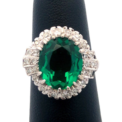 14K White Gold Green Cubic Zirconia Diamond Halo Engagement Cocktail Ring
