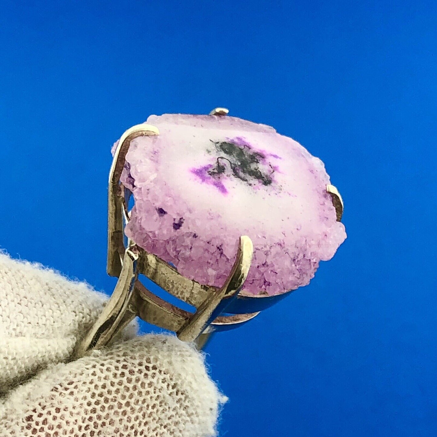Retro 925 Sterling Silver Purple Fuschia Pink White Druzy Quartz Statement Ring