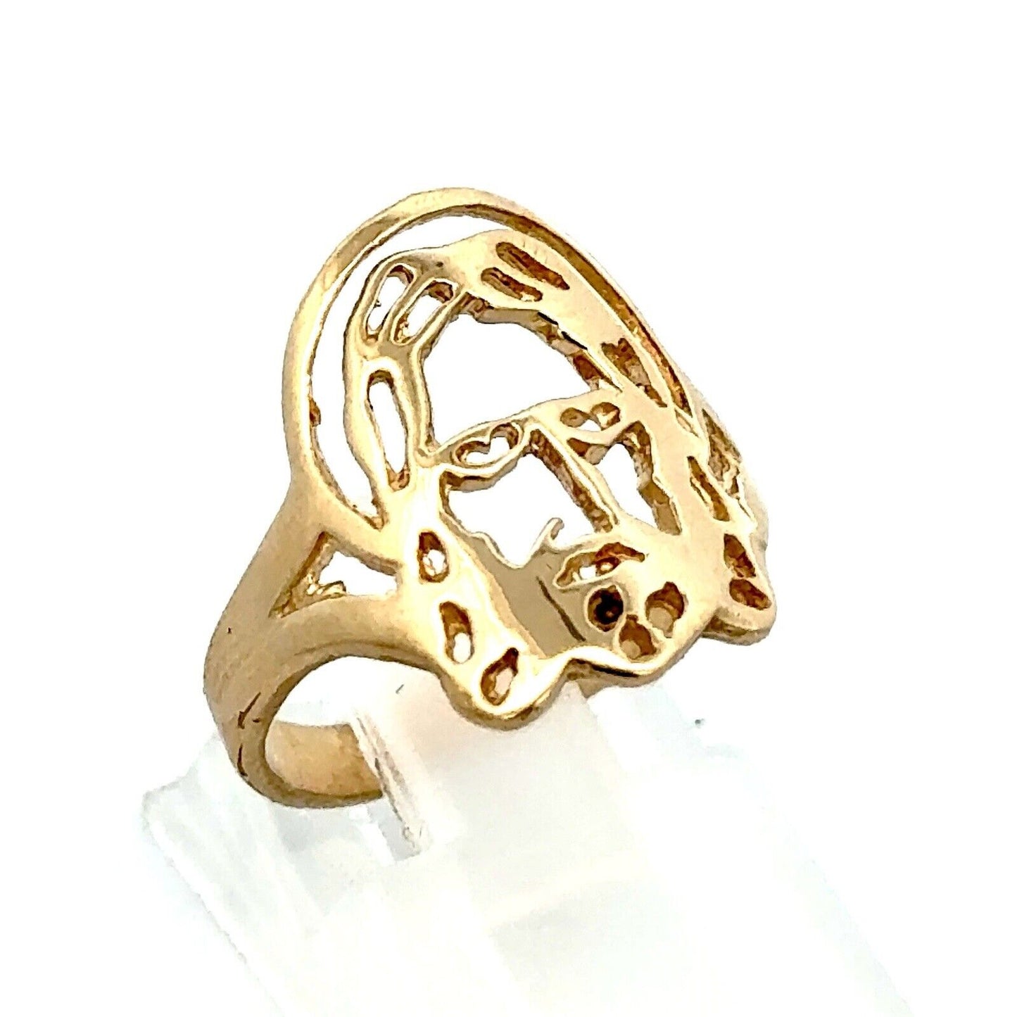 14K Yellow Gold Modernist Cutout Jesus Christ Face Religious Ring