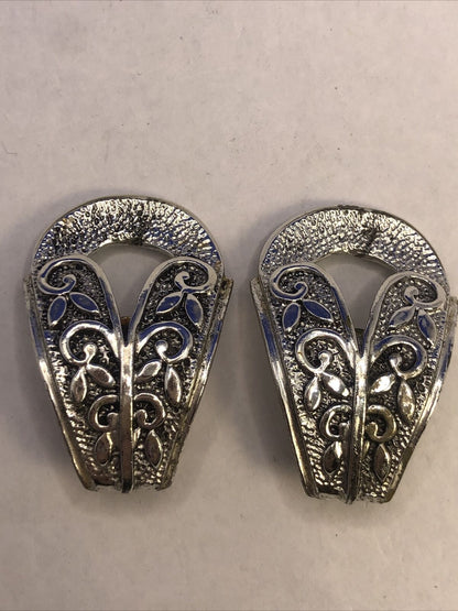 Vintage Designer Selini Silver Tone Floral Scroll Statement Clip On Earrings