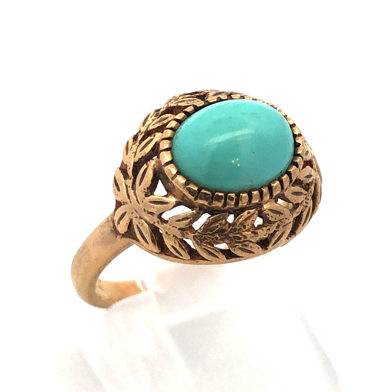 Estate 10K Yellow Gold Turquoise Cabochon Vine Leaf Open Work Beaded Dome Ring