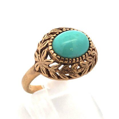Estate 10K Yellow Gold Turquoise Cabochon Vine Leaf Open Work Beaded Dome Ring