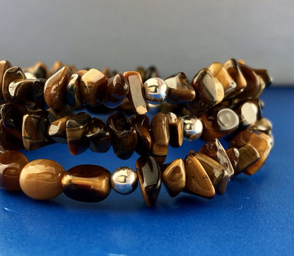 Sterling Silver Tigers Eye Bead Protection Three Wrap Flex Bracelet