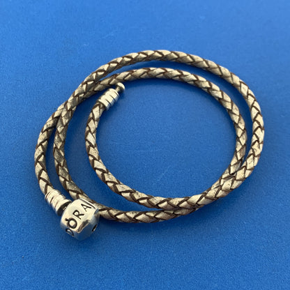 PANDORA 925 Sterling Silver Double Woven Champagne Leather Bracelet 590705CPL-D