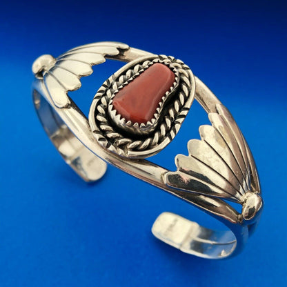 Designer BAH Sterling Silver 925 Cabochon Coral Native American 6" Cuff Bracelet