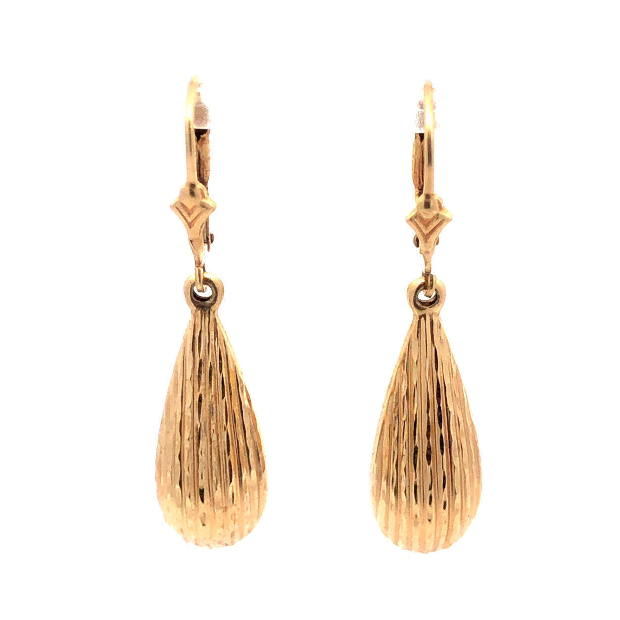 Designer 14K Yellow Gold Textured Teardrop Dangle Drop Leverback Earrings