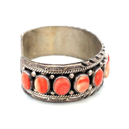 Charlene Yazzie Navajo 925 Sterling Silver Oval Spiny Oyster Open Cuff Bracelet