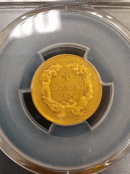 1874 $3 Gold Coin PCGS AU-50