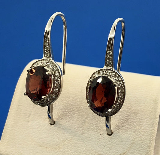 Gorgeous 18k White Gold Oval Red Garnet Diamond Halo Leverback Drop Earrings