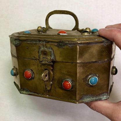 Vintage India Artisan Brass Jeweled Handled Lockable Latched Trinket Jewelry Box