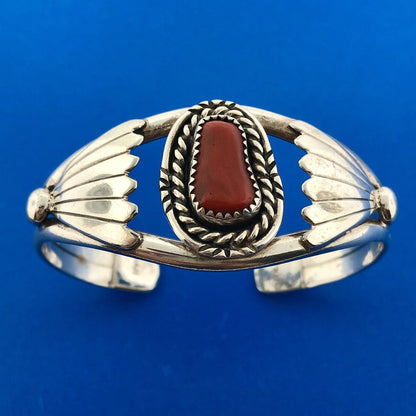 Designer BAH Sterling Silver 925 Cabochon Coral Native American 6" Cuff Bracelet