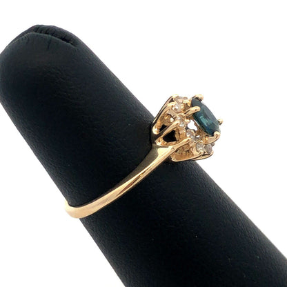 Estate 14K Yellow Gold London Blue Topaz Diamond Halo Cocktail Anniversary Ring